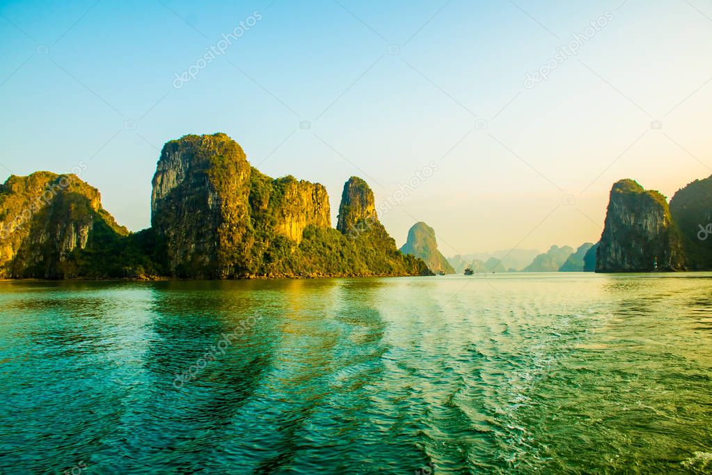 Beautiful sunset at Halong Bay, Vietnam