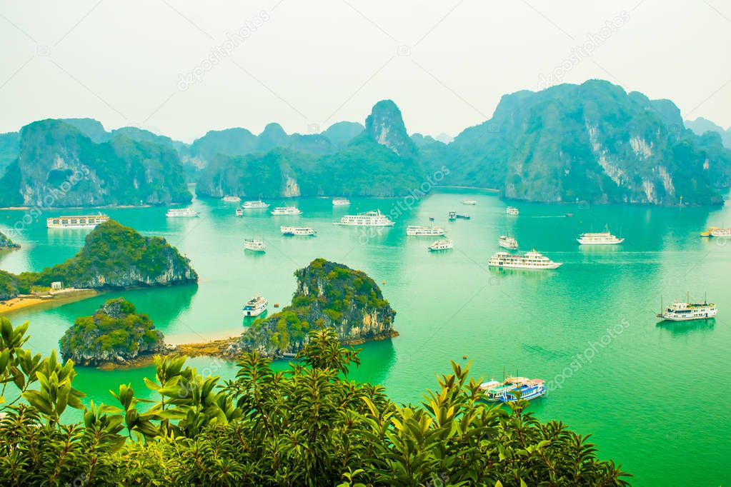 View point Ha Long Bay, limestone mountains, with cruise ships, Vietnam
