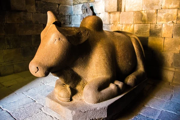 Estátua de vaca no antigo templo místico antigo hindu Prambanan perto de Yogyakarta, ilha de Java Indonésia — Fotografia de Stock