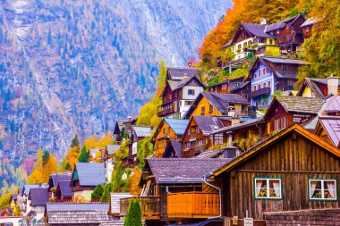 Güzel ahşap evler sahnenin Hallstatt kasaba, Unsesco, Avusturya, Salzkammergut, Europe