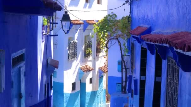 Hermosa vista de la calle de la medina azul de la ciudad Chefchaouen en Marruecos — Vídeos de Stock