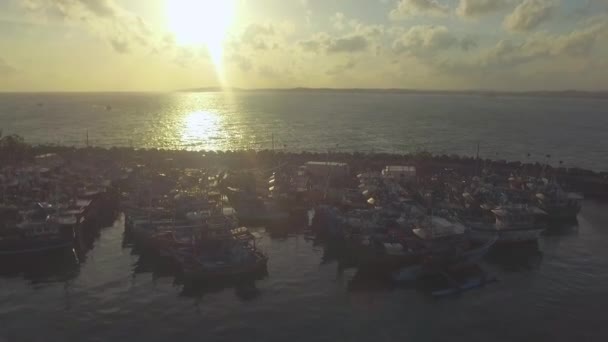 Letecká dron záběry barevné rybářské lodě na Srí Lance v západu slunce, Tangalle — Stock video