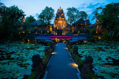 : Atmosfere IOF Pura Saraswati tapınağın güzel lotus gölet, Ubud, Bali, Endonezya ile akşam