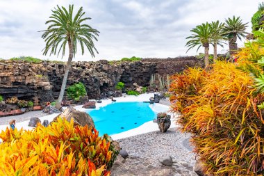 Güzel dış Jameos del Agua havuzu ve renkli ağaçlar, Lanzarote, Kanarya Adaları, İspanya.