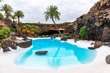 Güzel dış Jameos del Agua havuzu ve renkli ağaçlar, Lanzarote, Kanarya Adaları, İspanya