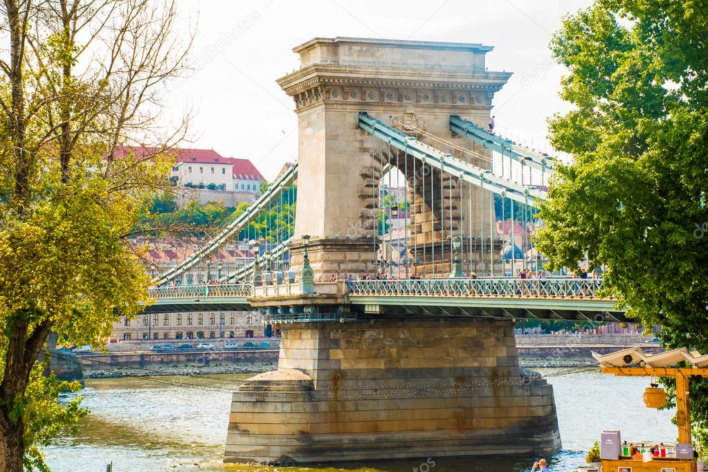 Beautiful typical Szechenyi Chain Bridge, Sights of Budapest in Hungary