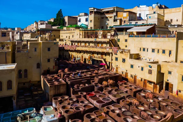 Medieval view to Leather factory, Tanneries in Fez, Morocco, Africa.