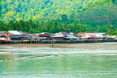 Eski ahşap Old Town görünümüne evler, Koh Lanta, Krabi, Tayland