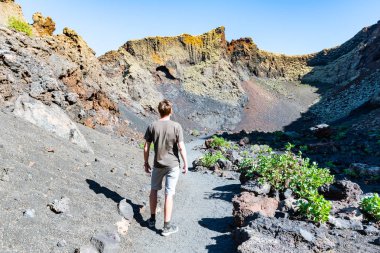 Güzel manzaraya vulcanic Caldera de Los Cuervos, Lanzarote, Kanarya Adaları, İspanya bakacak bir adam