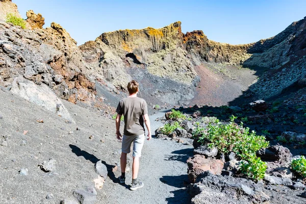 Güzel manzaraya vulcanic Caldera de Los Cuervos, Lanzarote, Kanarya Adaları, İspanya bakacak bir adam — Stok fotoğraf