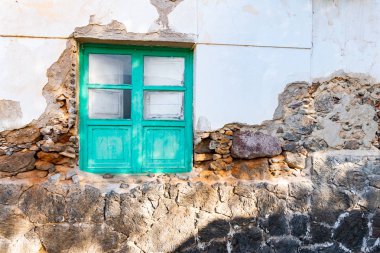 Kaktüs Bahçe ve yeşil kapı veya pencere üzerinde Lanzarote Adası, Teguise, Kanarya Adaları, İspanya ile tipik küçük kanarya ev