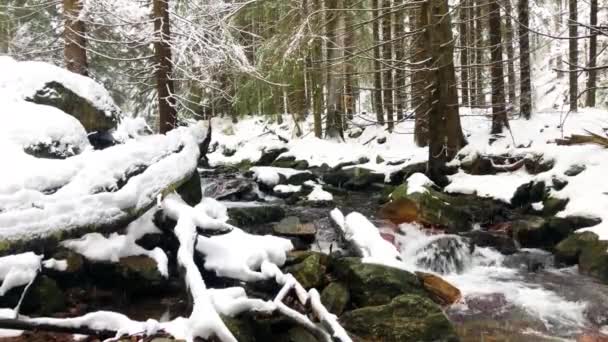 Fairytale winter landscape of waterfalls of the Bila Opava river in Jeseniky Mountains, Czech Republic, 4k footage video — Stock Video
