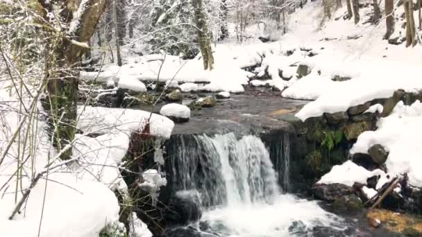 Fairytale winter landscape of waterfalls of the Bila Opava river in Jeseniky Mountains, Czech Republic, 4k footage video — Stock Video