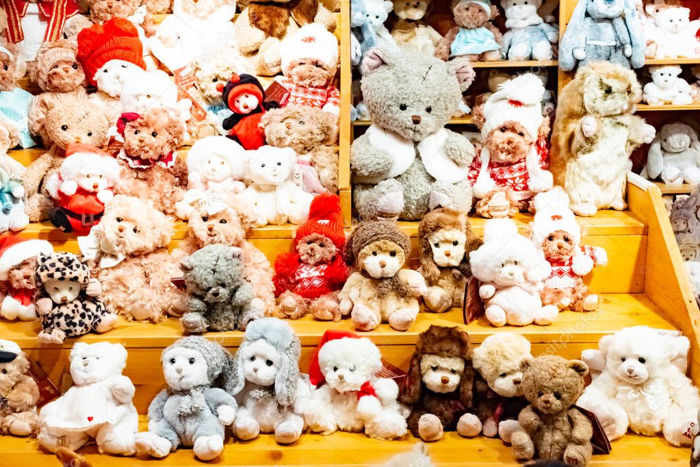 Cute Teddy Bear toys on the Christmas market of the Rathaus City hall of Vienna, Austria