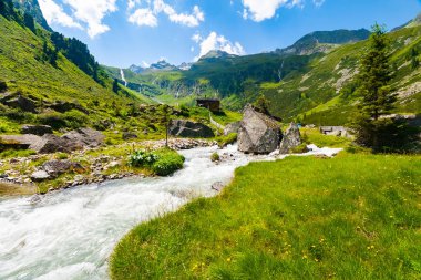 Güzel yaz peyzaj dağlar ve nehir, Tyrol Alpler, Avusturya için tatlı su