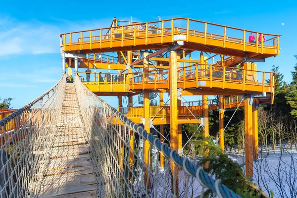 Tourists Watching Nature Walking New Wooden Lookout Tower Sky Walking Stock Photo