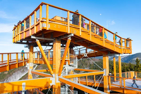 Una Nueva Torre Mirador Madera Cielo Caminando Los Árboles Pustevny Imágenes De Stock Sin Royalties Gratis