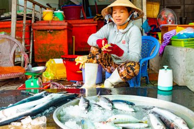 Vietnam, Phu Quoc Adası, 26 Şubat 2018: Street kadın tipik Vietnam kaldırım gıda pazarında taze balık satan satıcı