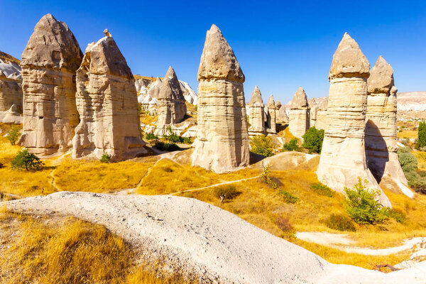 Beautiful landscape of Magic forms of sandstone rock near Goreme village, Cappadocia, Turkey