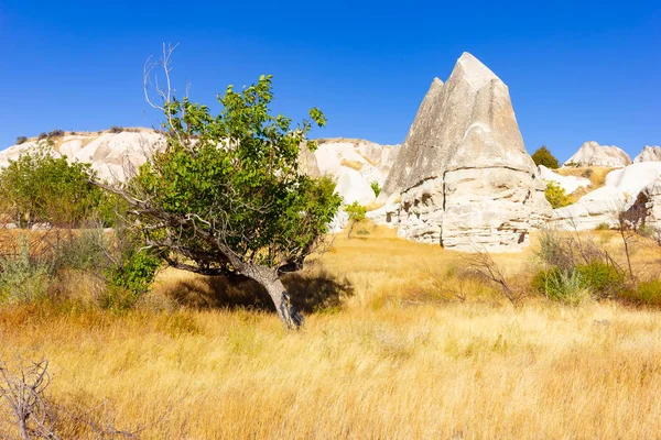 Beautiful landscape of Magic forms of sandstone rock near Goreme village, Cappadocia, Turkey — Stock Photo, Image