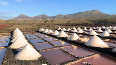 Tuz tuz fabrika rafineri madenlerinde serum fizyolojik bir keşif Janubio, Lanzarote, Kanarya Adaları, İspanya, 4 k görüntüleri video kazık