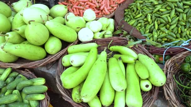 Colorido vários de legumes orgânicos frescos saudáveis no mercado tradicional asiático de alimentos, Varanasi, Índia, vídeo de imagens 4k — Vídeo de Stock