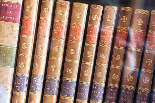 Beautiful ancient old books on shelf in the library — Stock Photo, Image