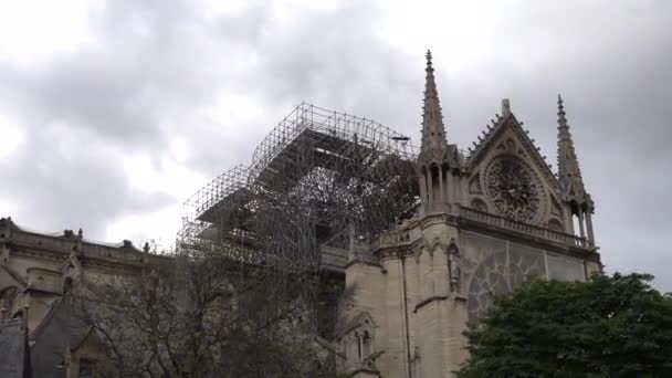París, Francia, 20 de mayo de 2019 - Notre-Dame Cathedral after fire with scaffolding, 4K footage video — Vídeo de stock