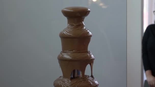 Warm chocolate fountain in process — Stock Video