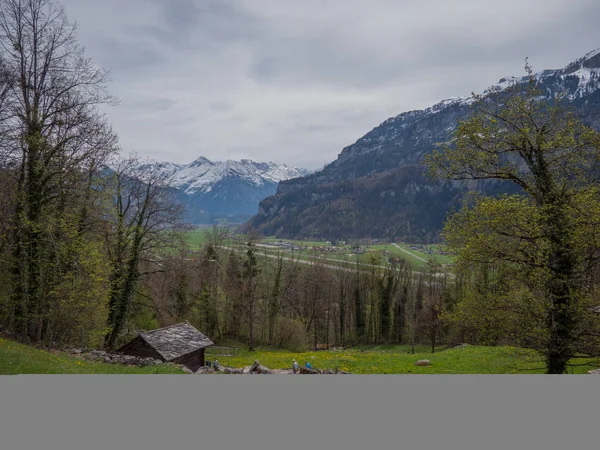 Lindas paisagens suíças com neve Alpes grama verde — Fotografia de Stock