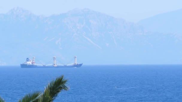 Bekijk Thru palmbomen schip zeilen dicht bij Turkije kust uitzicht vanuit de Griekenland — Stockvideo