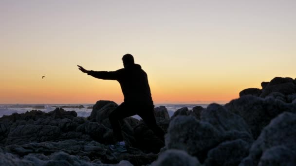 석양이나 일출무렵 바위가 많은 수평선에서 실루엣 타이치 가라데 쿠를 연습하는 사람들이 있다. 유럽 찌르레기들은 자기 방어의 뒷배경으로 날아 다닙니다. 극적 인 서사시를 배경으로 한 실루엣 — 비디오