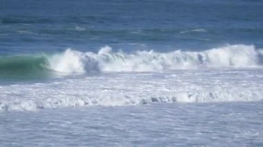 Dalgaları kovalayan sörfçüler gelgit sırasında Kuzey Kaliforniya 'da Big Sur Monterey bölgesinde kıyı şeridi boyunca çarpışıyorlar.