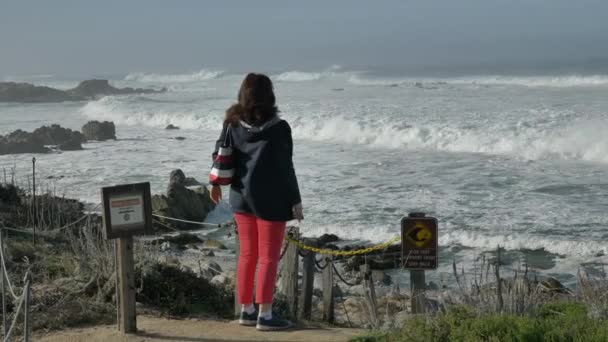 Senior Γυναίκα περπάτημα μπροστά από το μονοπάτι του ωκεανού έκλεισε υψηλή πινακίδα surf hughe κύματα — Αρχείο Βίντεο