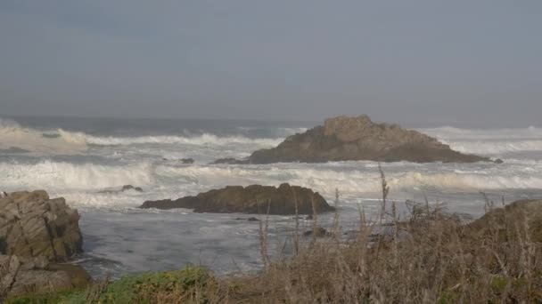 Stormigt väder massor av vatten i Big Sur State Park naturskönt landskap med gigantiska vågor med stänk — Stockvideo
