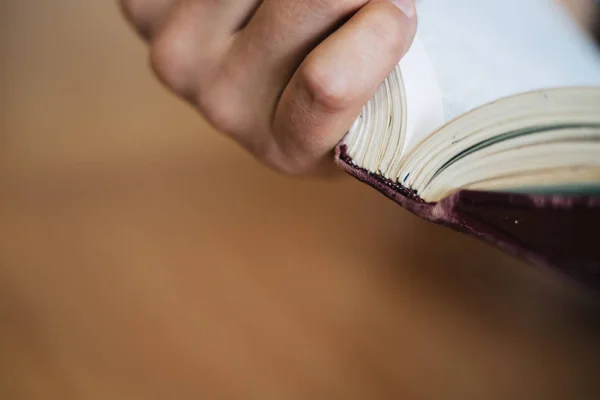 Male hand holds the opened book. View of the book back close-up.