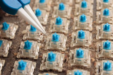 Çok kirli bir klavye. Anahtarların altında kedi tüyü, ekmek kırıntıları ve toz birikti. Cımbız bir sürü kirli iplik tutar. Mekanik klavye düğmeleri kapatın.