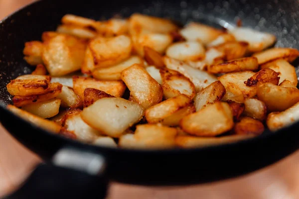 Fried Pieces Potato Pan Harmful Food Close — Stock Photo, Image