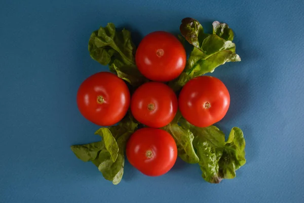       Kırmızı domates ve mavi bir arka plan üzerinde yeşil salata