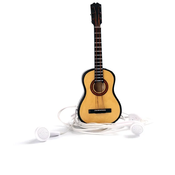 Concepto auriculares blancos y pequeña guitarra acústica de madera como s —  Fotos de Stock