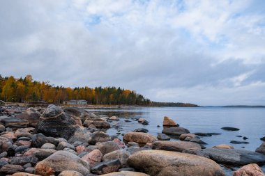 Soğuk bir gölün kıyısındaki ev. Sonbahar. Doğal vahşi yaşam.