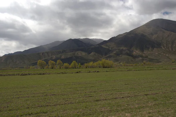 Issyk-Kul gölü yakınlarındaki Grigorievka köyünden Kırgızistan'ın dağ manzarası