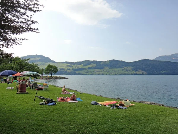 Swiss scape mania perjalanan danau yang indah kali musim panas — Stok Foto