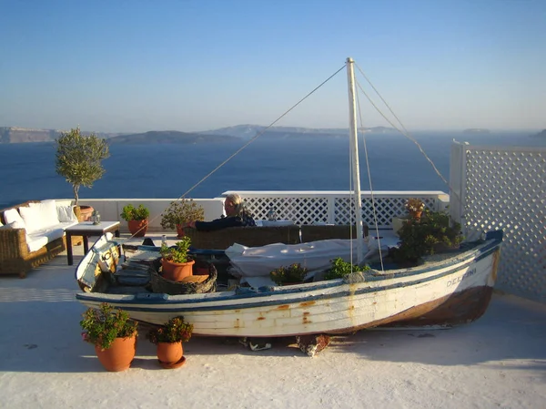 Santorini Görögország 2007 Augusztus Hétfő Sziget Felfedezése Gyalogosan Retro Háttér — Stock Fotó