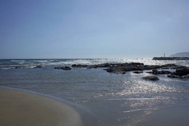 Creta Adası 'ndaki Beach Frangokastello Modern yaz arka plan covid-19 sezon baskısı