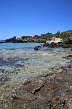 Kedrodasos plajı özel cenneti. Mavi gölcüksüz kamp alanı. Kristal suları ve mercanları olan kayalık kıyılar.