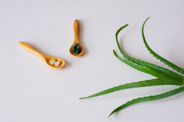 Beyaz arka plan üzerinde bitkisel haplar ve aloe ile Kompozisyon