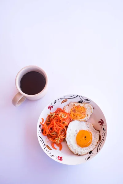 Set Healthy Food Fried Egg Minced Carrot Blackberry Juice — Stock Photo, Image