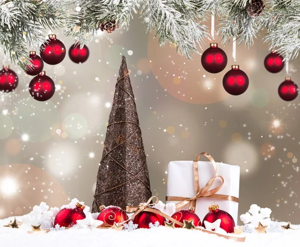 Vánoční Skladba Vánoční Dekorace Ribbot Piniový Kužel Borovice Dřevěném Stole — Stock fotografie