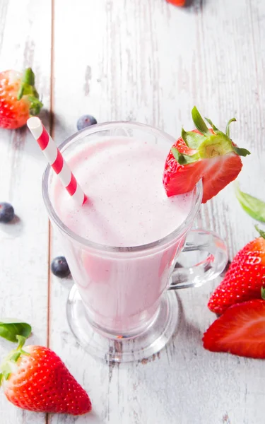 Fresh Milk Strawberry Wooden Table Assorted Protein Cocktails Fresh Fruits — Stock Photo, Image